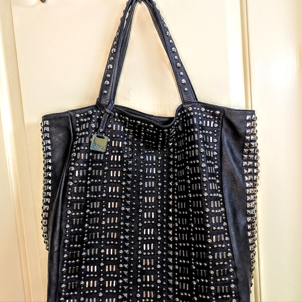 Leather Stud Shoulder Bag Tosca Blu Supple Black Leather Purse w Silver  Studs